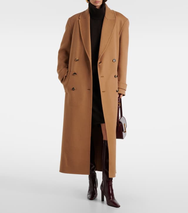 "Long structured double-breasted wool winter coat in neutral colors"