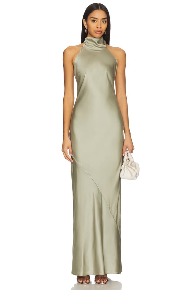 "Halter neck sage green maxi dress for spring cocktail attire wedding"