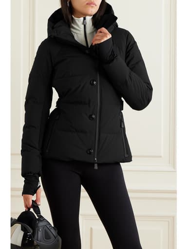 "black puffer jacket with a fitted waist"