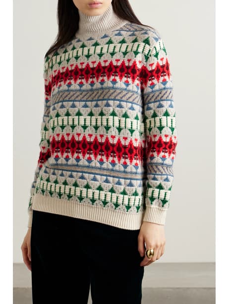 "Cozy sweater with bold prints for a ski vacation"