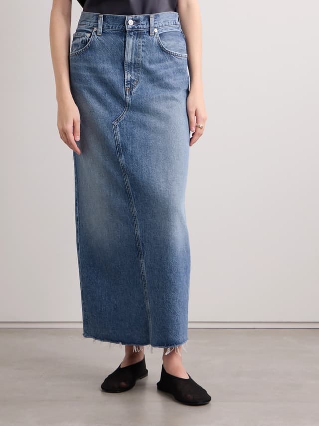 "Denim maxi skirts with a raw hem, under $300"