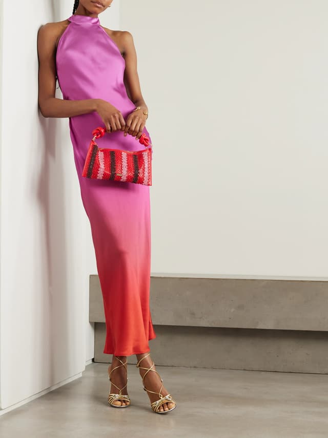 "bright colored dress for a black-tie wedding, under $500, not strapless"