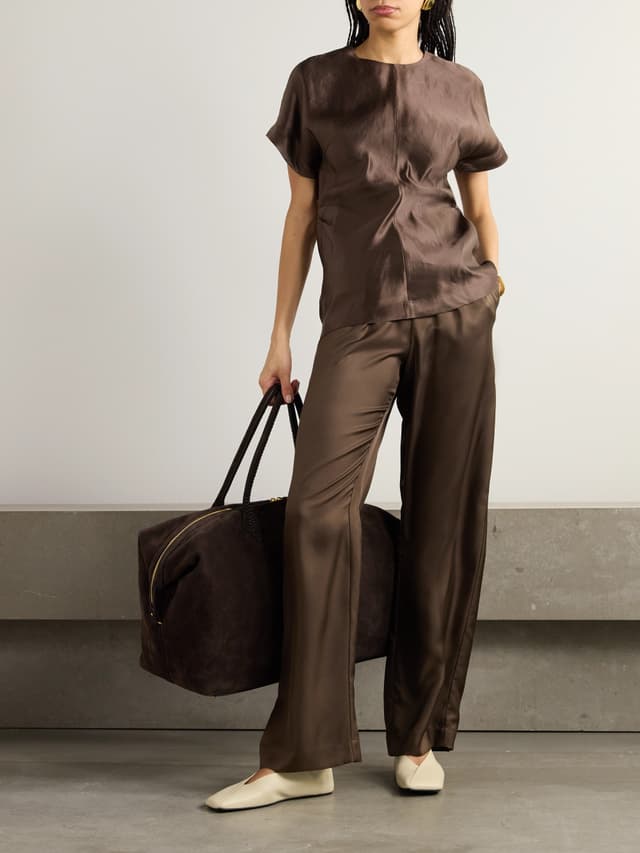 "Silk pants with elasticated waist, size small"